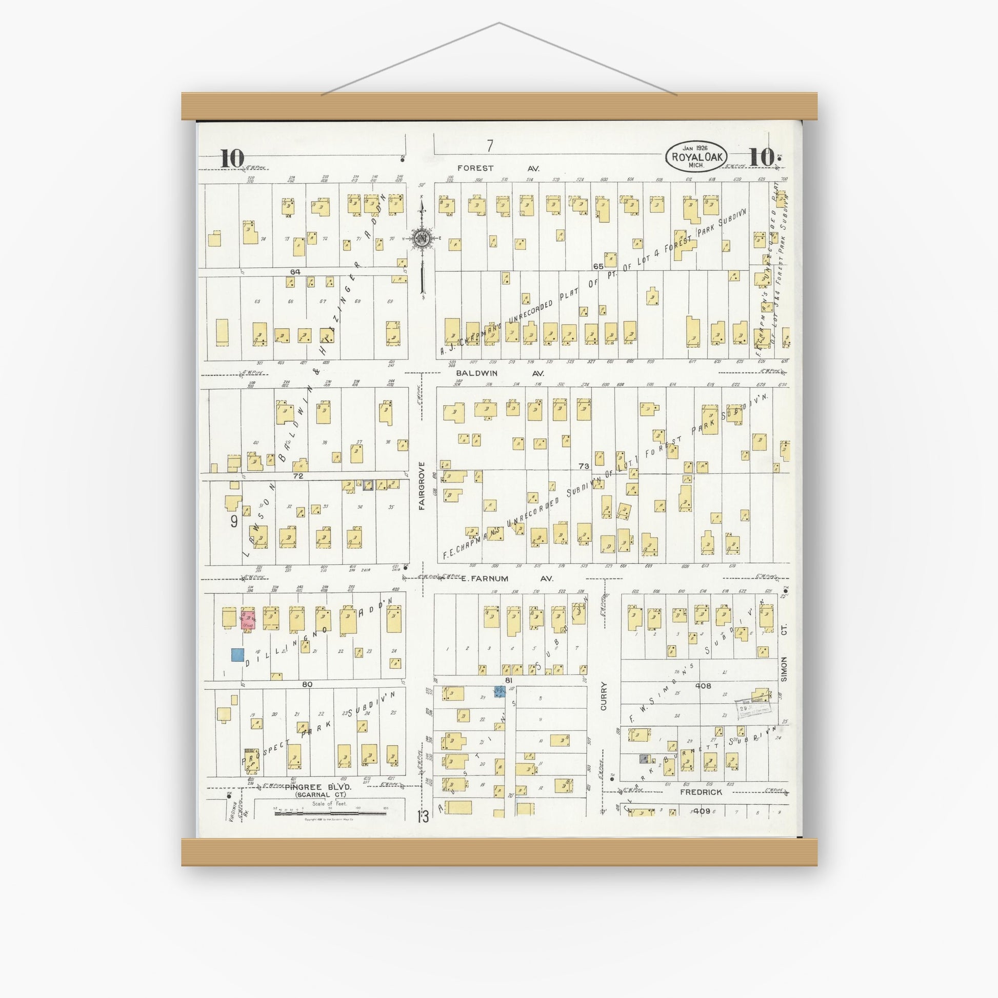 Old map wall art mockup — magnetic wood frame on white wall — Sanborn Fire Insurance Map from Royal Oak, Oakland County, Michigan (1926), Sheet #0010