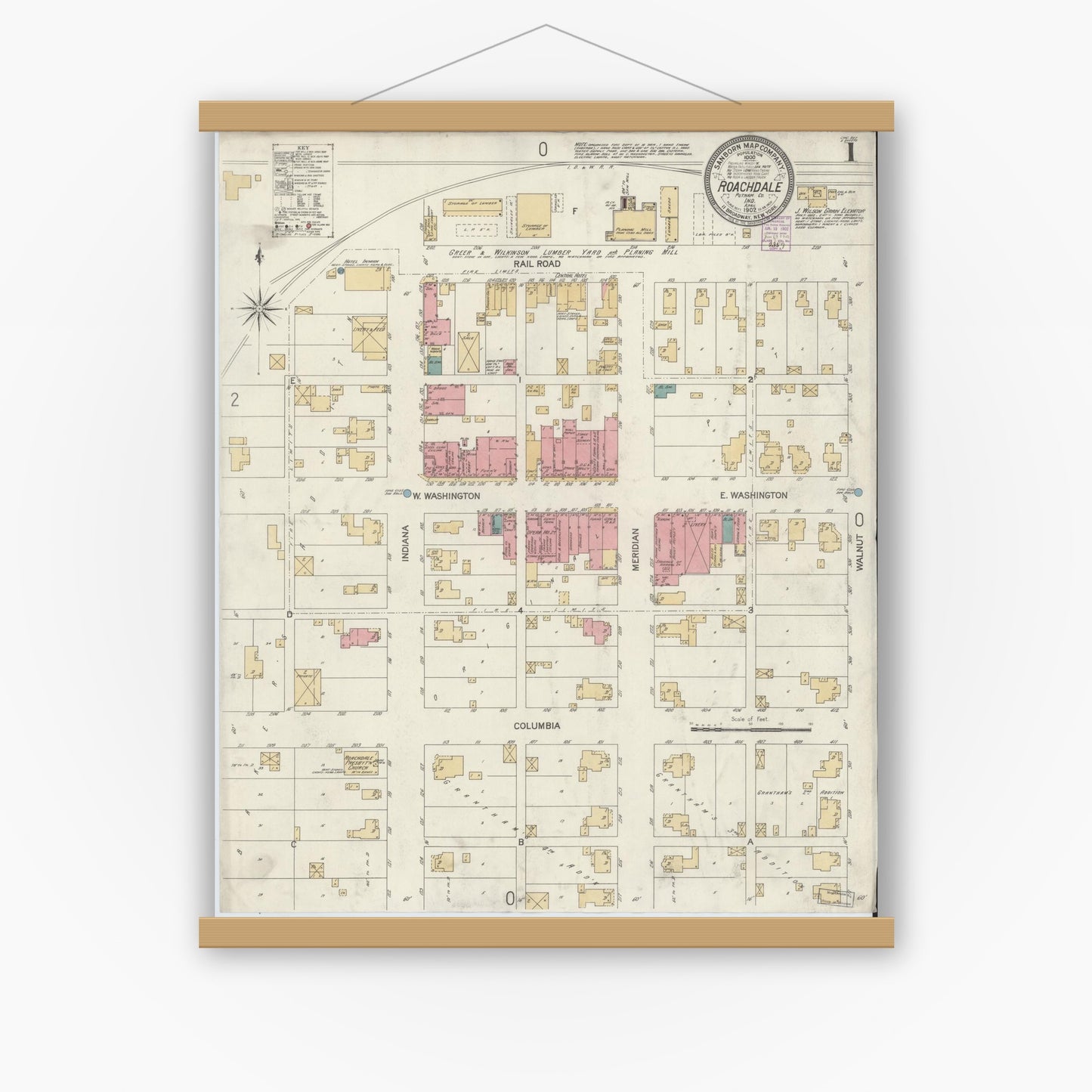 Old map wall art mockup — magnetic wood frame on white wall — Sanborn Fire Insurance Map from Roachdale, Putnam County, Indiana (1902) - Complete Map Set