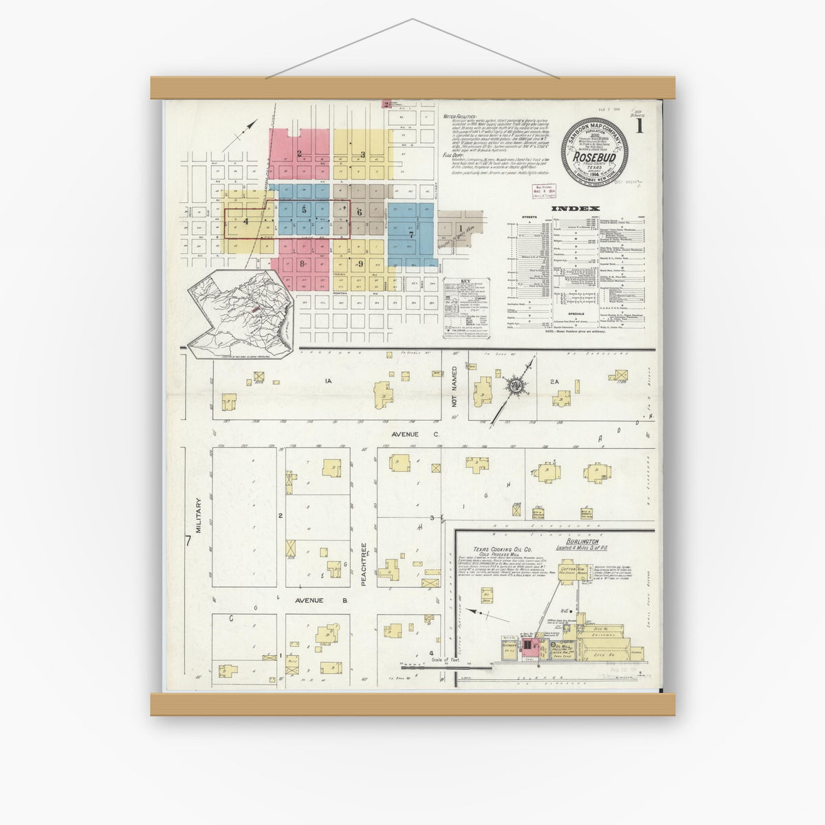 Old map wall art mockup — magnetic wood frame on white wall — Sanborn Fire Insurance Map from Rosebud, Falls County, Texas (1914), Sheet #0001