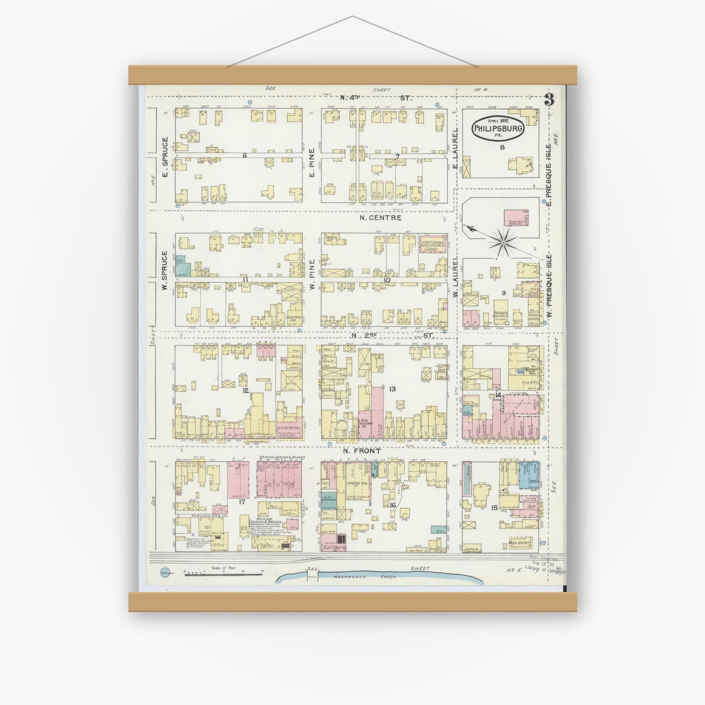 Old map wall art mockup — magnetic wood frame on white wall — Sanborn Fire Insurance Map from Philipsburg, Centre County, Pennsylvania (1892), Sheet #0003