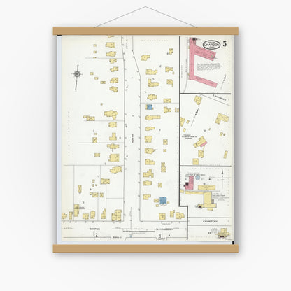 Old map wall art mockup — magnetic wood frame on white wall — Sanborn Fire Insurance Map from Chardon, Geauga County, Ohio (1918), Sheet #0005