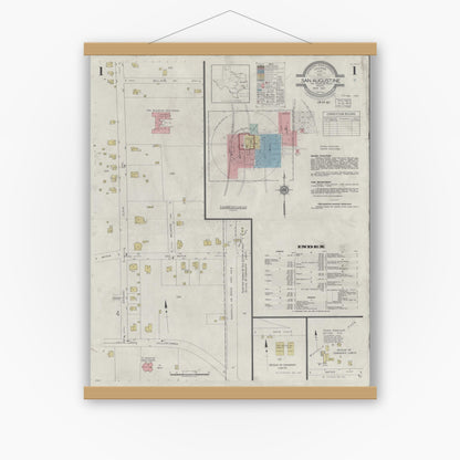 Old map wall art mockup — magnetic wood frame on white wall — Sanborn Fire Insurance Map from San Augustine, San Augustine County, Texas (1937) - Complete Map Set