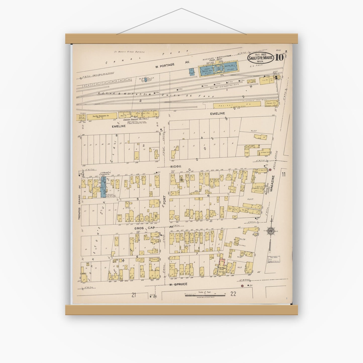Old map wall art mockup — magnetic wood frame on white wall — Sanborn Fire Insurance Map from Sault Sainte Marie, Chippewa County, Michigan (1922), Sheet #0010