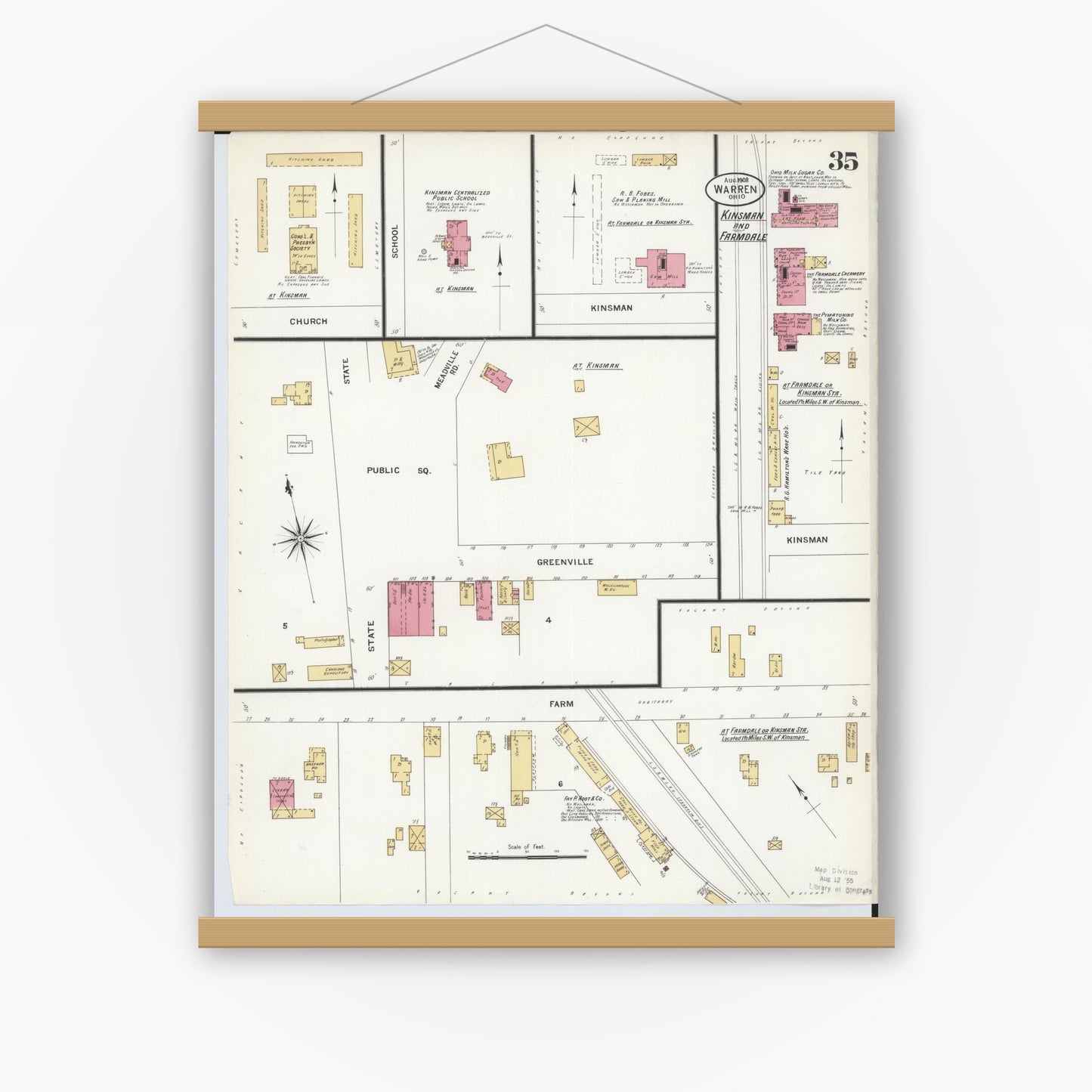 Old map wall art mockup — magnetic wood frame on white wall — Sanborn Fire Insurance Map from Warren, Trumbull County, Ohio (1908), Sheet #0035