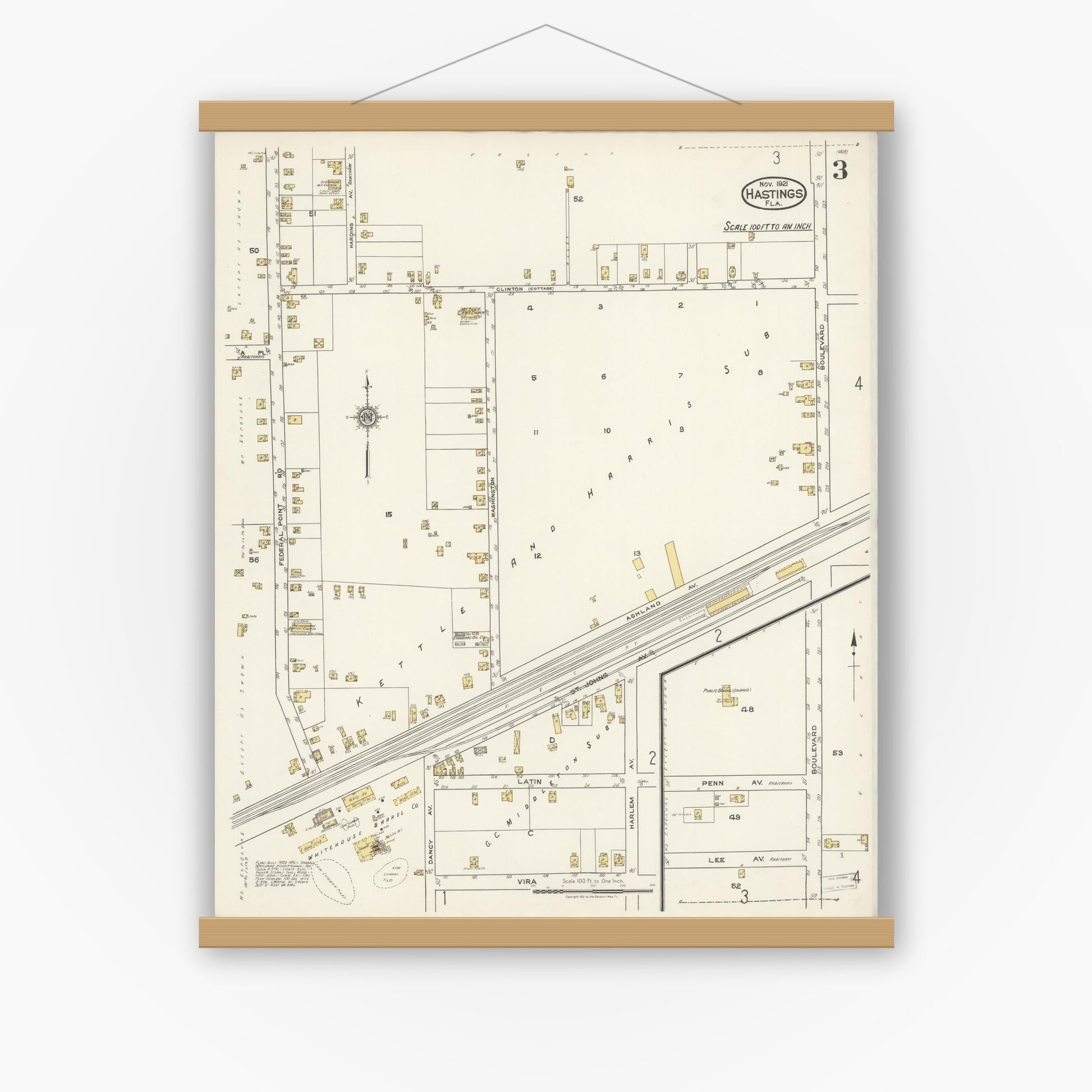 Old map wall art mockup — magnetic wood frame on white wall — Sanborn Fire Insurance Map from Hastings, St. Johns County, Florida (1921), Sheet #0003