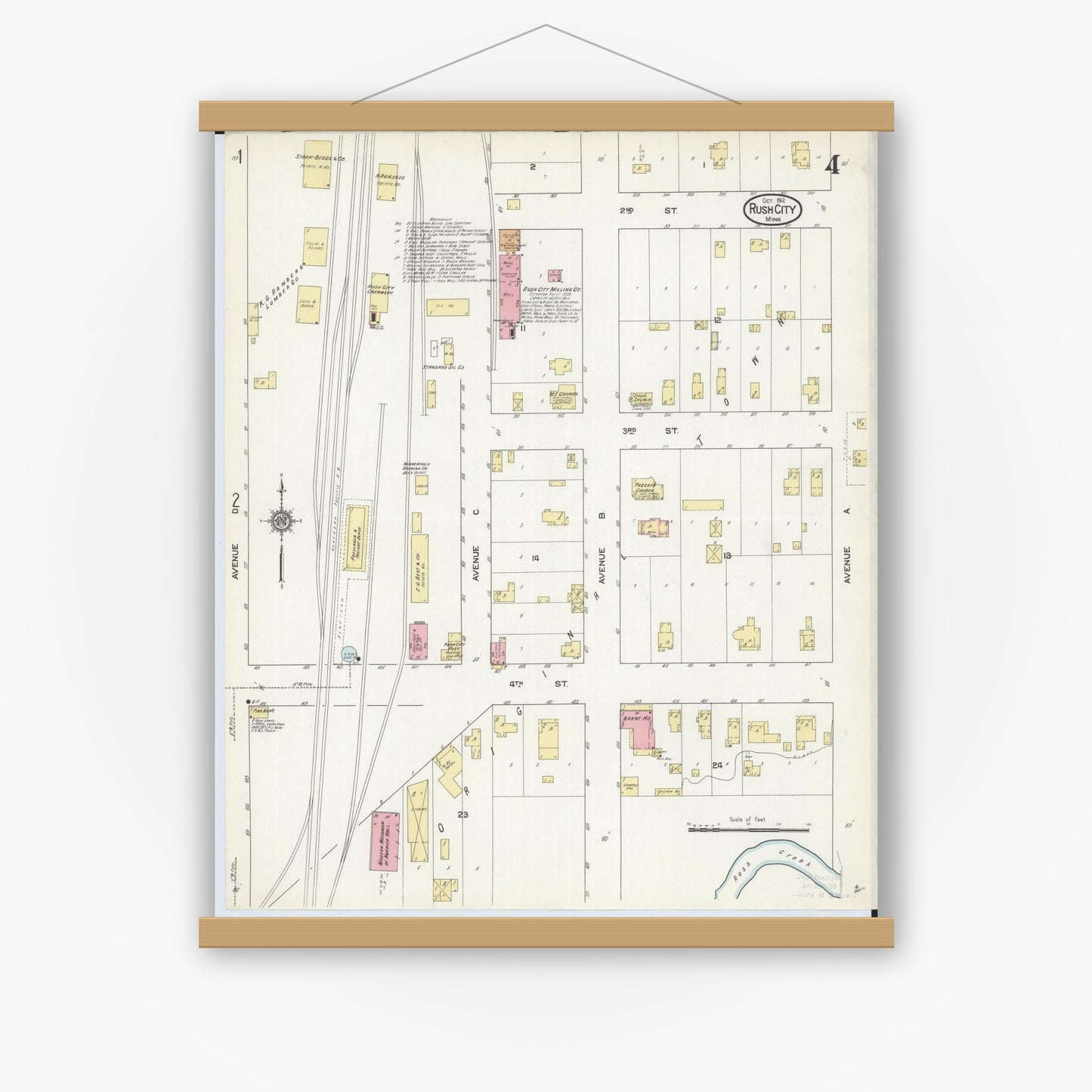 Old map wall art mockup — magnetic wood frame on white wall — Sanborn Fire Insurance Map from Rush City, Chisago County, Minnesota (1912), Sheet #0004