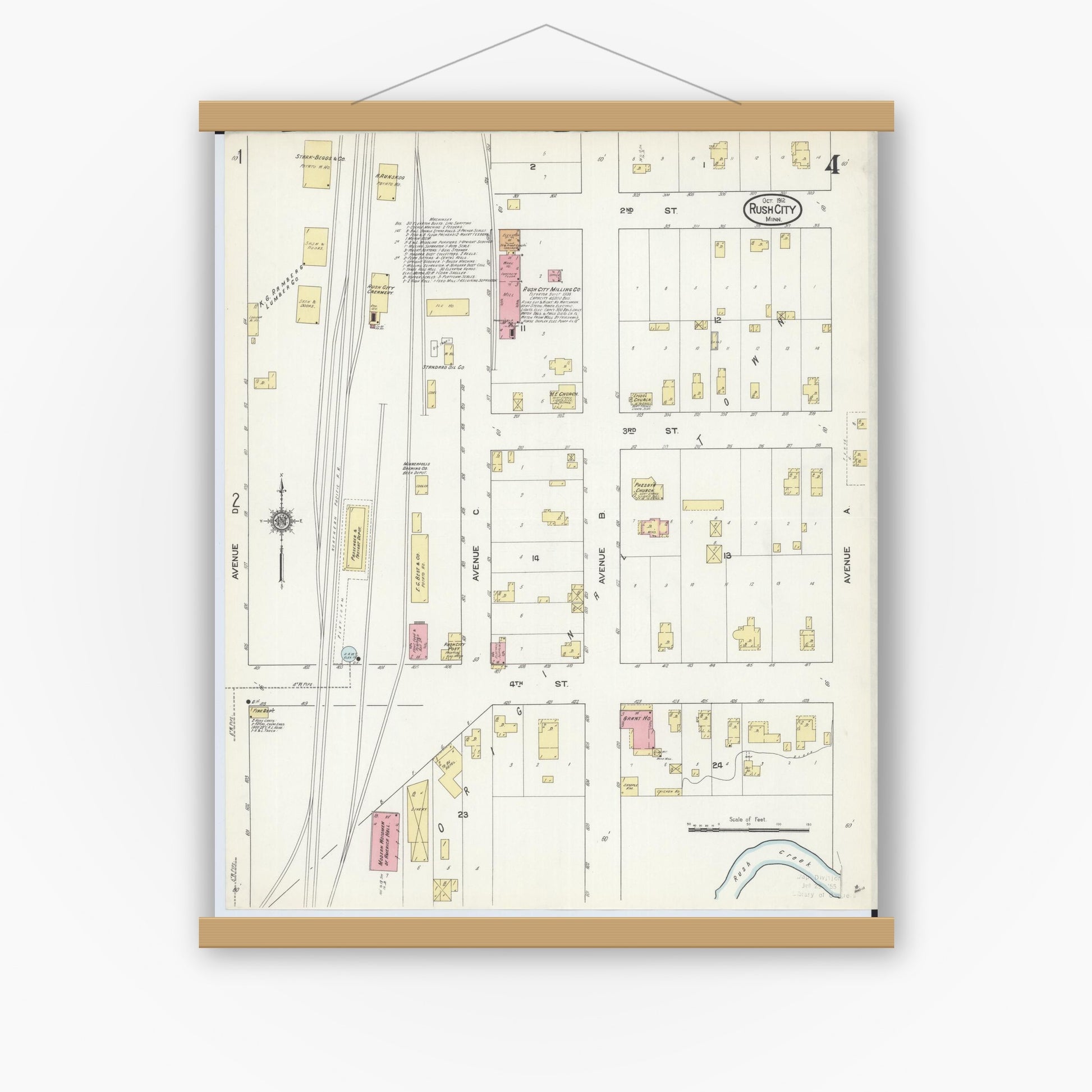 Old map wall art mockup — magnetic wood frame on white wall — Sanborn Fire Insurance Map from Rush City, Chisago County, Minnesota (1912), Sheet #0004