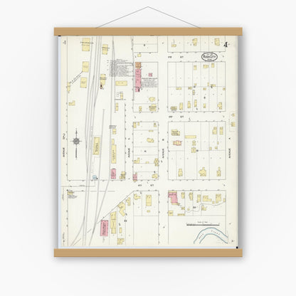 Old map wall art mockup — magnetic wood frame on white wall — Sanborn Fire Insurance Map from Rush City, Chisago County, Minnesota (1912), Sheet #0004