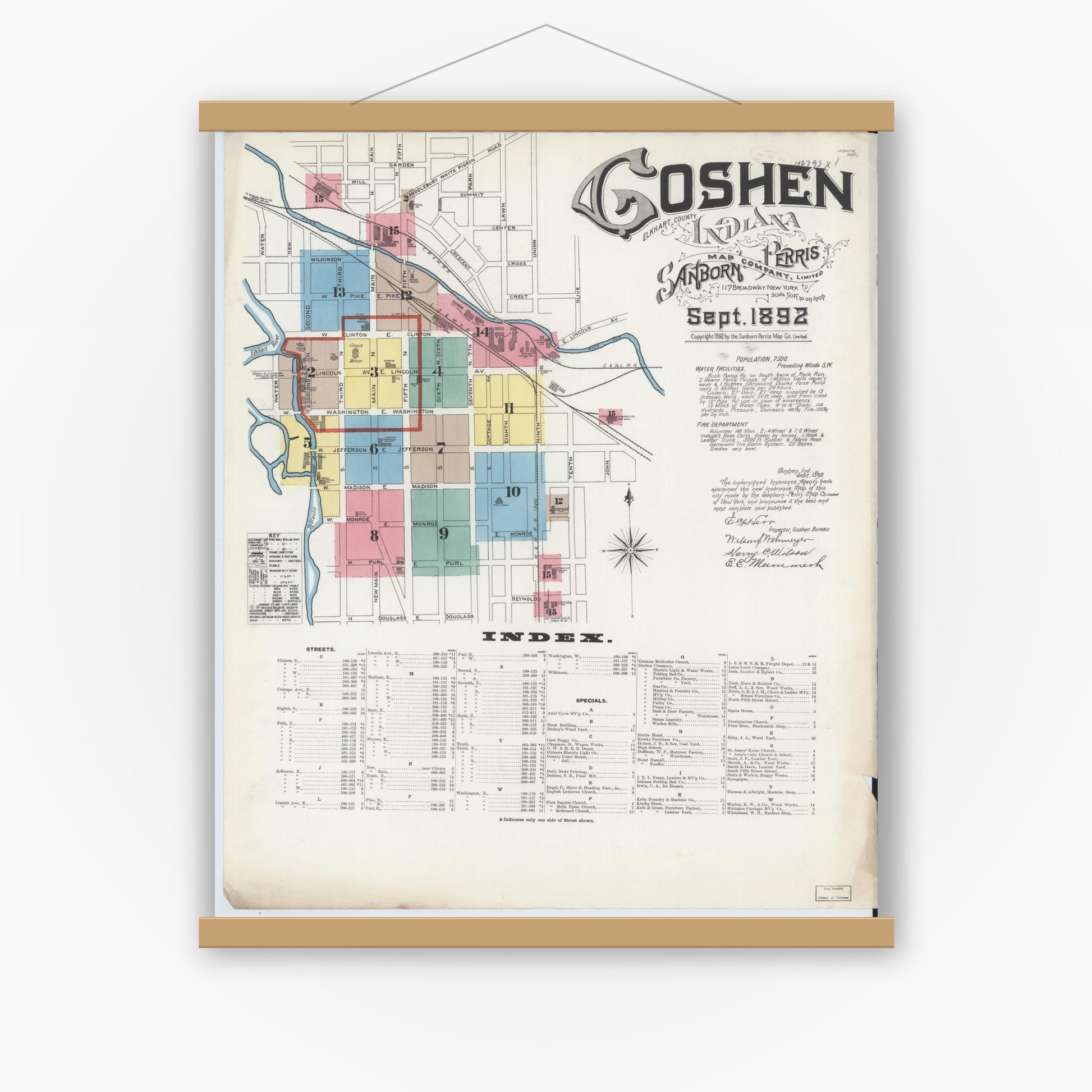 Old map wall art mockup — magnetic wood frame on white wall — Sanborn Fire Insurance Map from Goshen, Elkhart County, Indiana (1892), Sheet #0001
