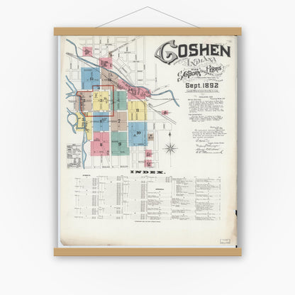 Old map wall art mockup — magnetic wood frame on white wall — Sanborn Fire Insurance Map from Goshen, Elkhart County, Indiana (1892), Sheet #0001
