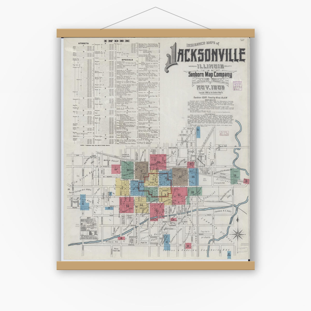 Old map wall art mockup — magnetic wood frame on white wall — Sanborn Fire Insurance Map from Jacksonville, Morgan County, Illinois (1905), Sheet #0001