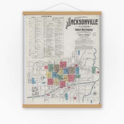 Old map wall art mockup — magnetic wood frame on white wall — Sanborn Fire Insurance Map from Jacksonville, Morgan County, Illinois (1905), Sheet #0001