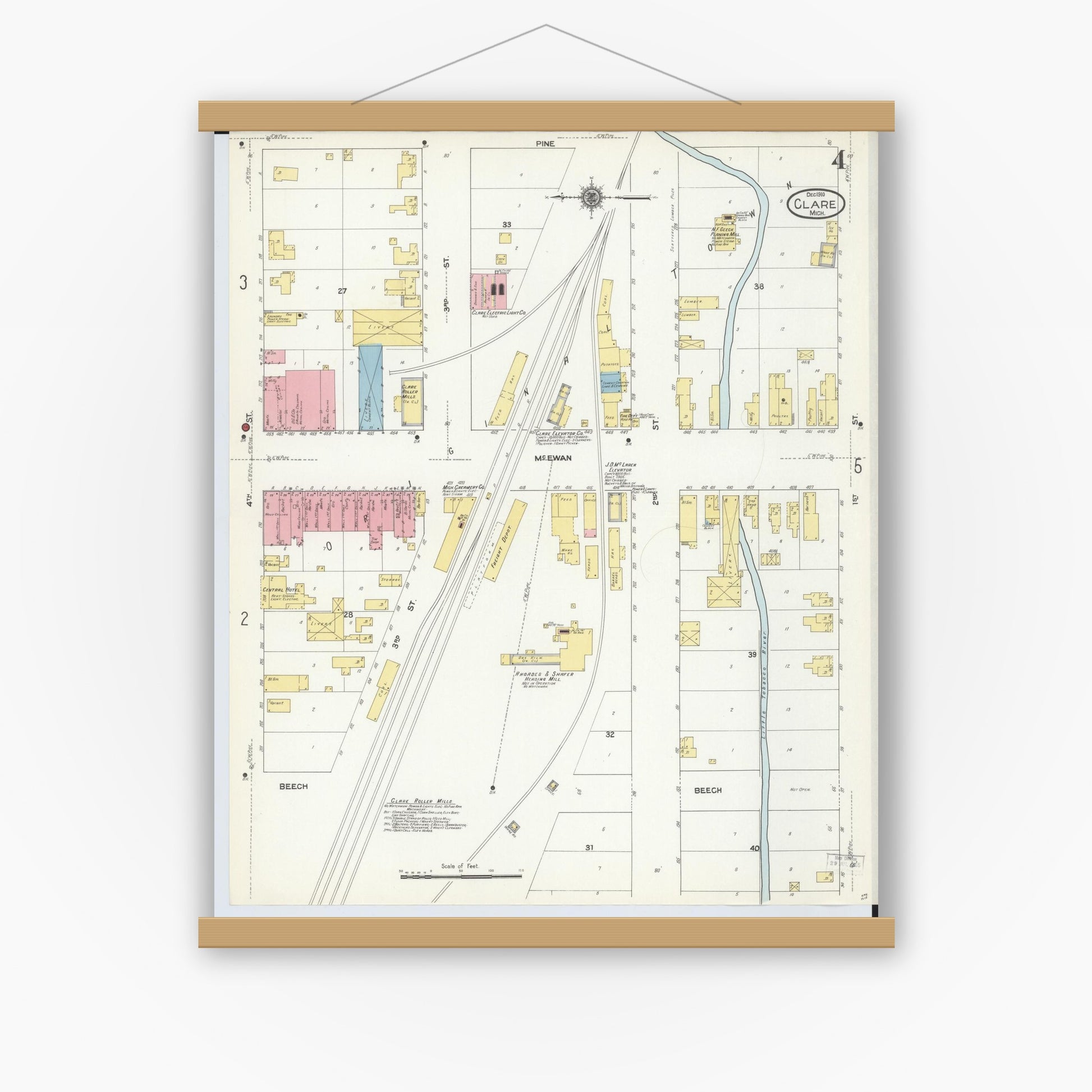 Old map wall art mockup — magnetic wood frame on white wall — Sanborn Fire Insurance Map from Clare, Clare County, Michigan (1910), Sheet #0004