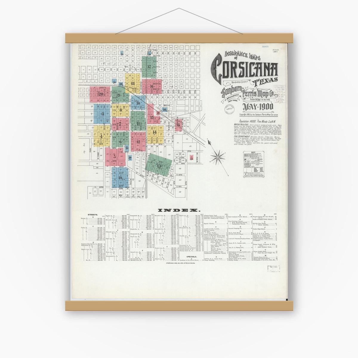 Old map wall art mockup — magnetic wood frame on white wall — Sanborn Fire Insurance Map from Corsicana, Navarro County, Texas (1900) - Complete Map Set
