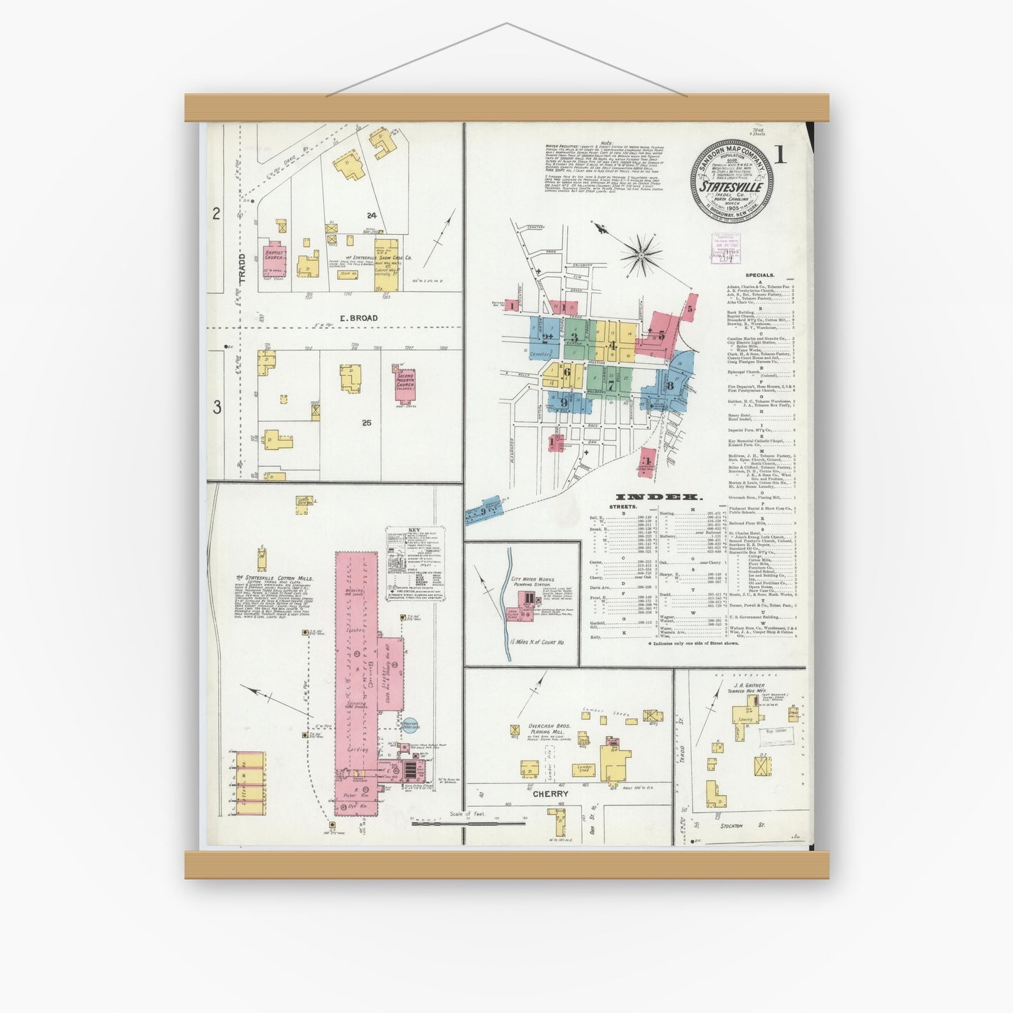 Old map wall art mockup — magnetic wood frame on white wall — Sanborn Fire Insurance Map from Statesville, Iredell County, North Carolina (1905), Sheet #0001