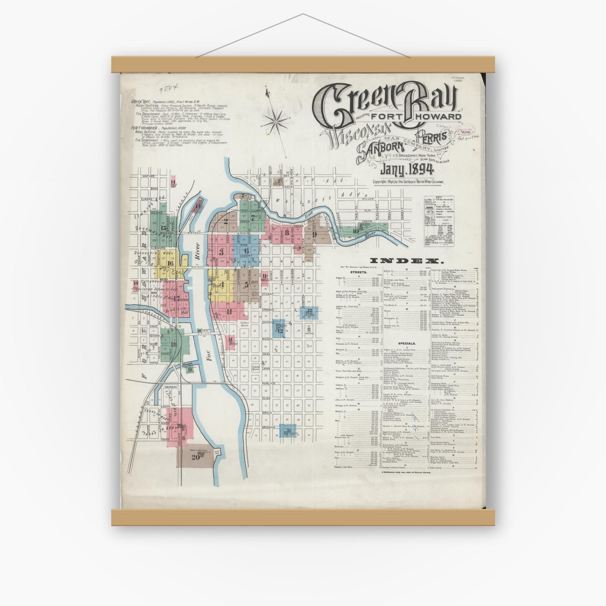 Old map wall art mockup — magnetic wood frame on white wall — Sanborn Fire Insurance Map from Green Bay, Brown County, Wisconsin (1894), Sheet #0001