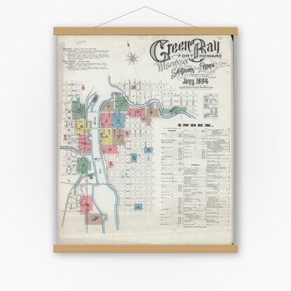 Old map wall art mockup — magnetic wood frame on white wall — Sanborn Fire Insurance Map from Green Bay, Brown County, Wisconsin (1894), Sheet #0001
