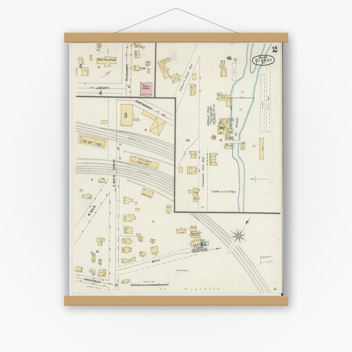 Old map wall art mockup — magnetic wood frame on white wall — Sanborn Fire Insurance Map from Sidney, Delaware County, New York (1897), Sheet #0002