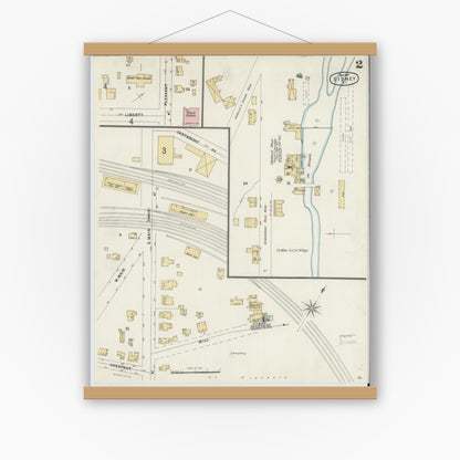 Old map wall art mockup — magnetic wood frame on white wall — Sanborn Fire Insurance Map from Sidney, Delaware County, New York (1897), Sheet #0002