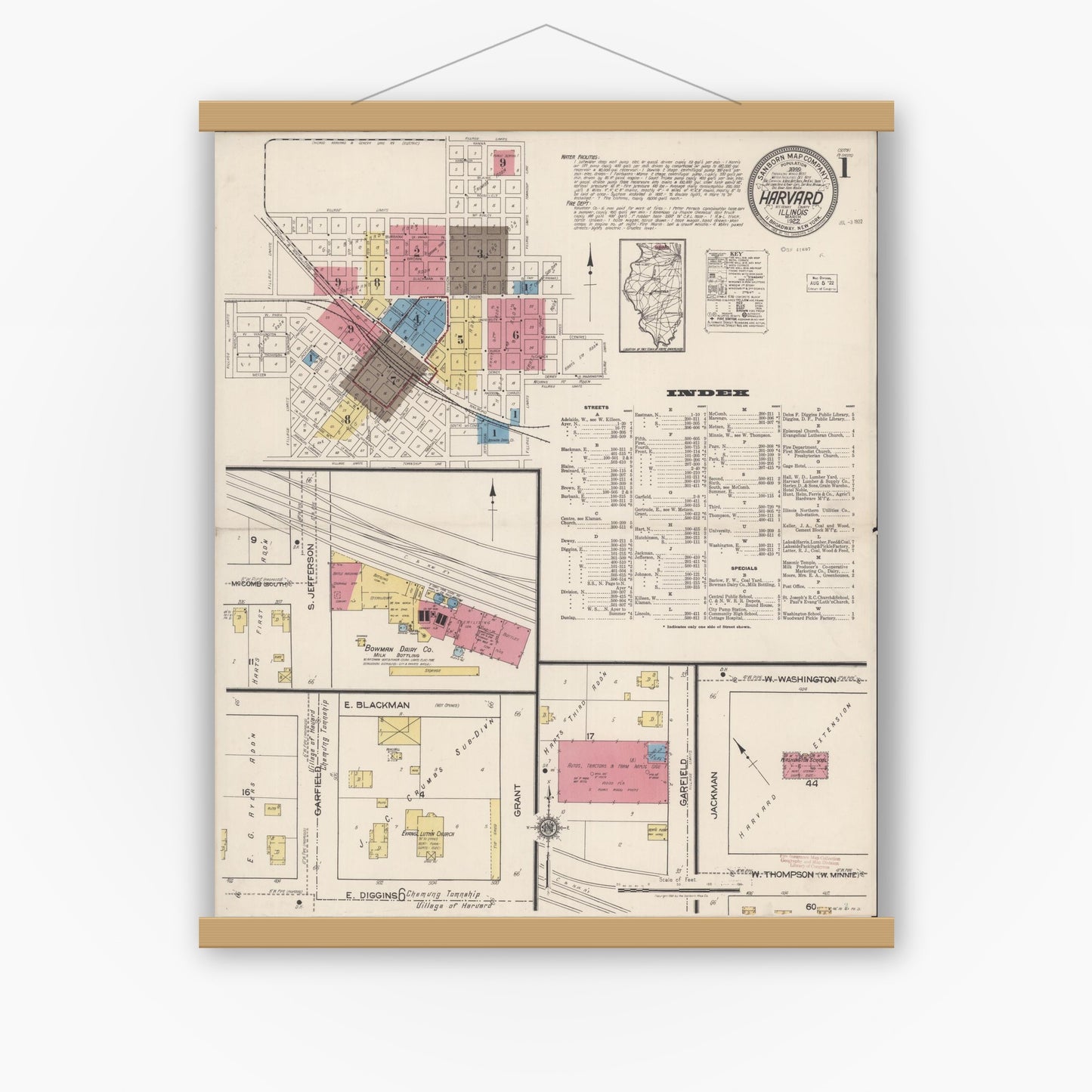Old map wall art mockup — magnetic wood frame on white wall — Sanborn Fire Insurance Map from Harvard, McHenry County, Illinois (1922) - Complete Map Set