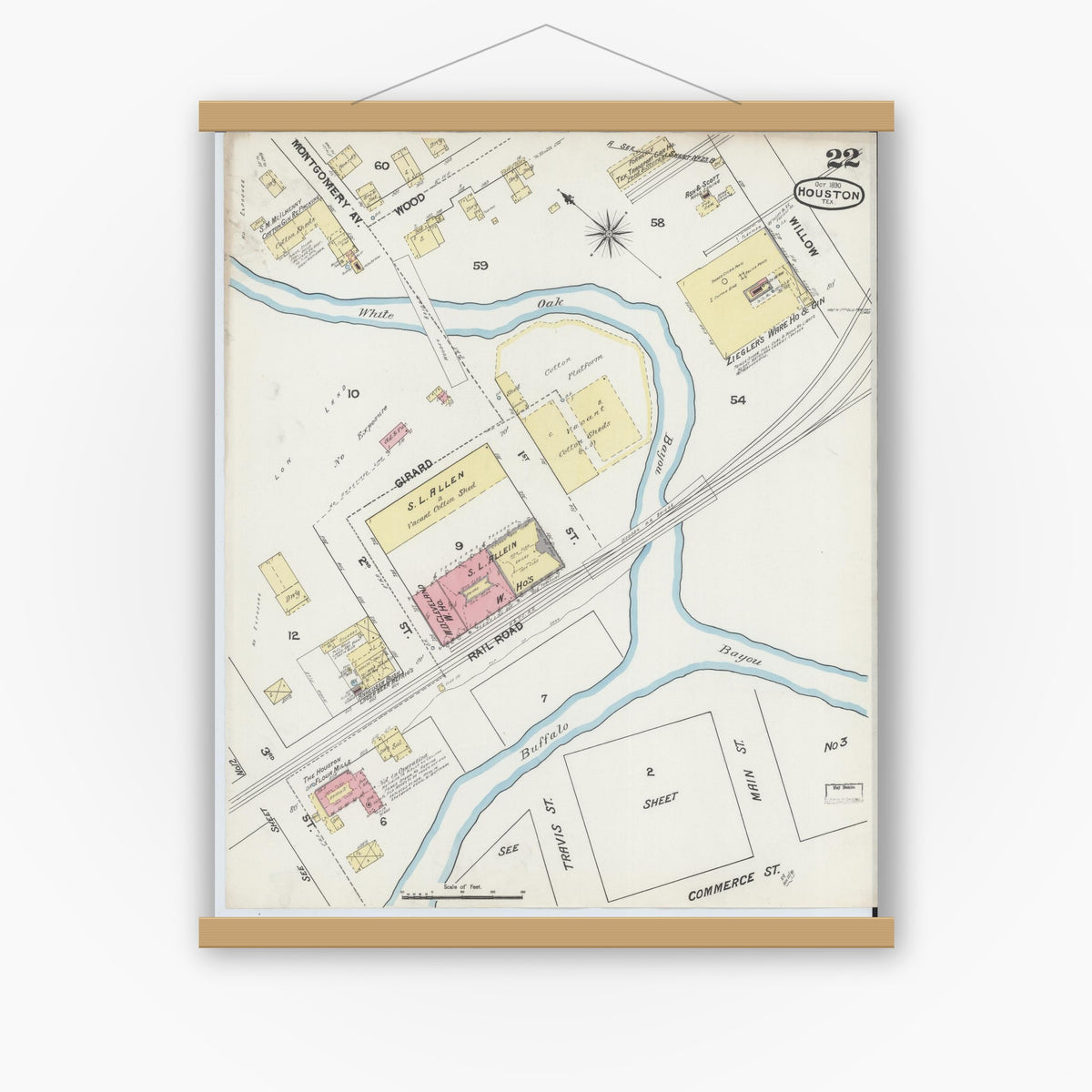 Old map wall art mockup — magnetic wood frame on white wall — Sanborn Fire Insurance Map from Houston, Harris County, Texas (1890), Sheet #0022