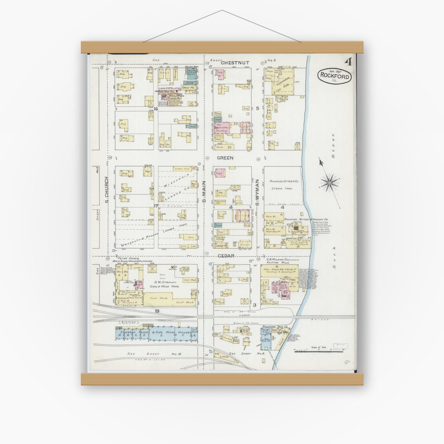Old map wall art mockup — magnetic wood frame on white wall — Sanborn Fire Insurance Map from Rockford, Winnebago County, Illinois (1887), Sheet #0004