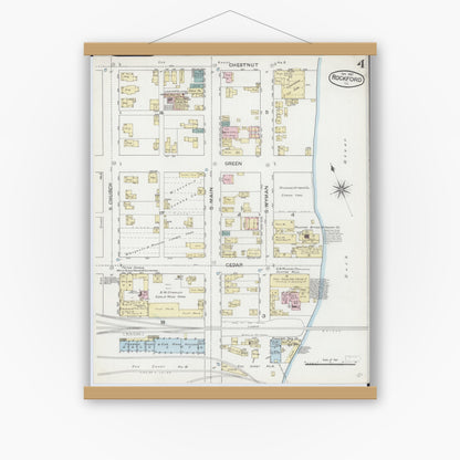 Old map wall art mockup — magnetic wood frame on white wall — Sanborn Fire Insurance Map from Rockford, Winnebago County, Illinois (1887), Sheet #0004