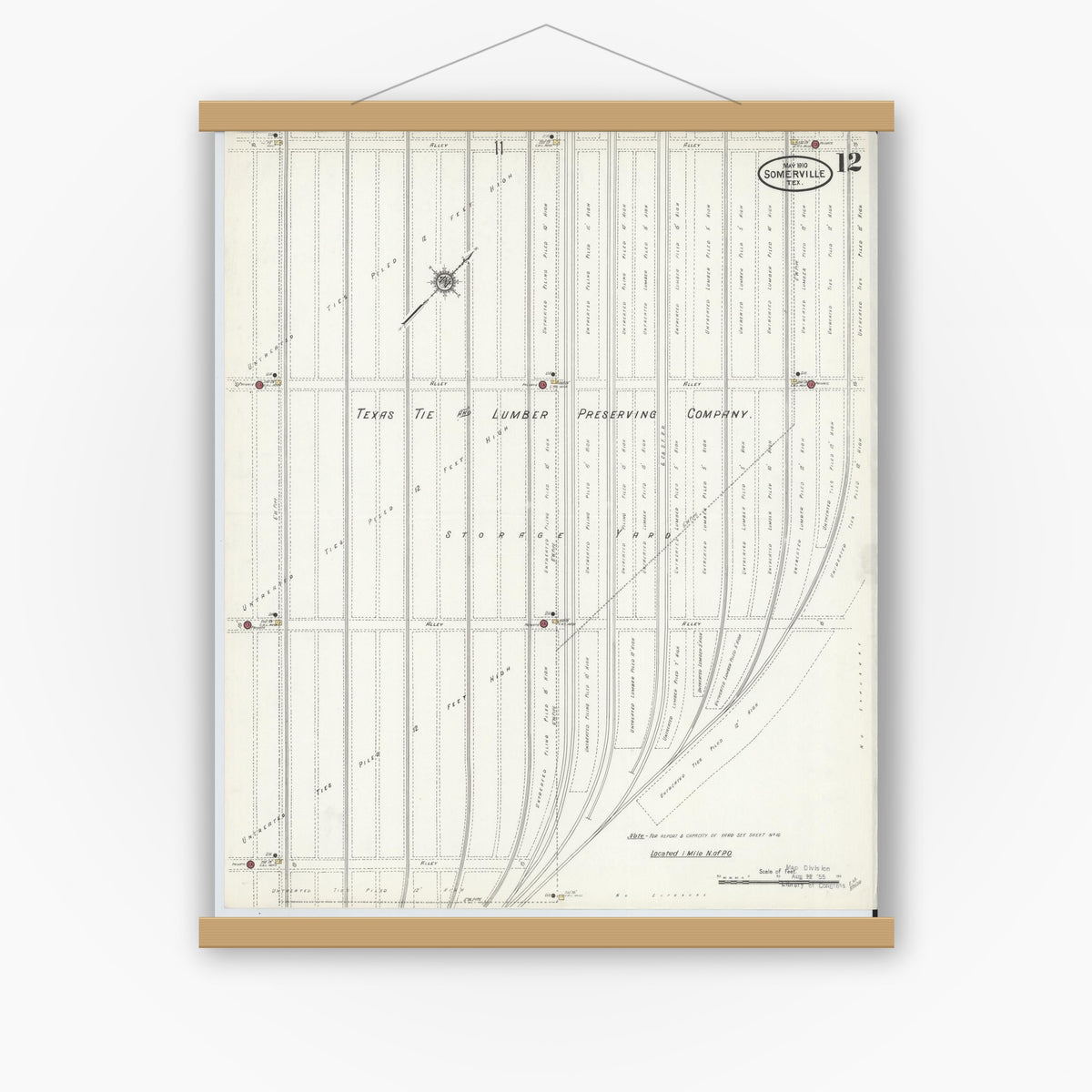 Old map wall art mockup — magnetic wood frame on white wall — Sanborn Fire Insurance Map from Somerville, Burleson County, Texas (1910), Sheet #0012