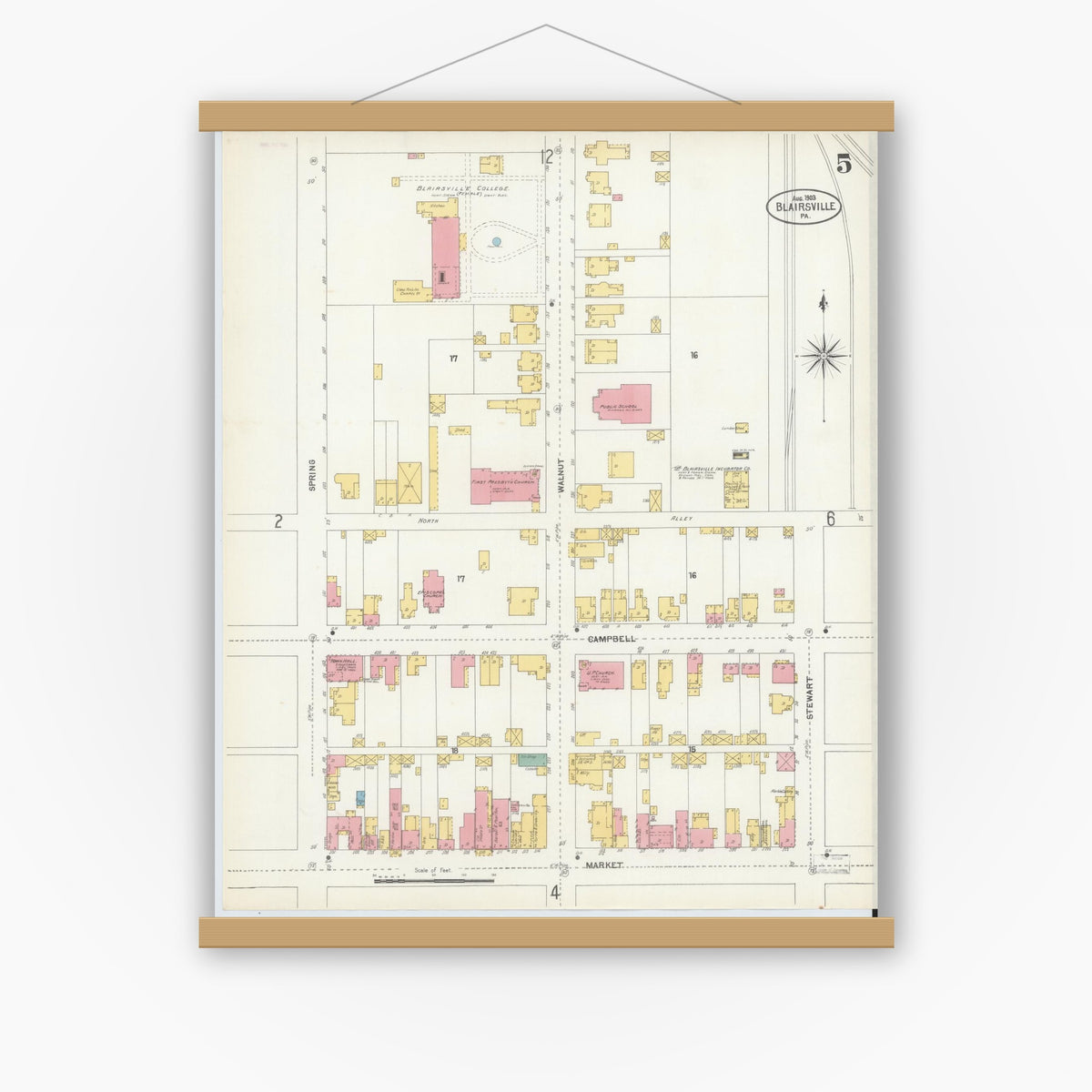 Old map wall art mockup — magnetic wood frame on white wall — Sanborn Fire Insurance Map from Blairsville, Indiana County, Pennsylvania (1903), Sheet #0005