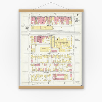 Old map wall art mockup — magnetic wood frame on white wall — Sanborn Fire Insurance Map from Braddock, Allegheny County, Pennsylvania (1908), Sheet #0011