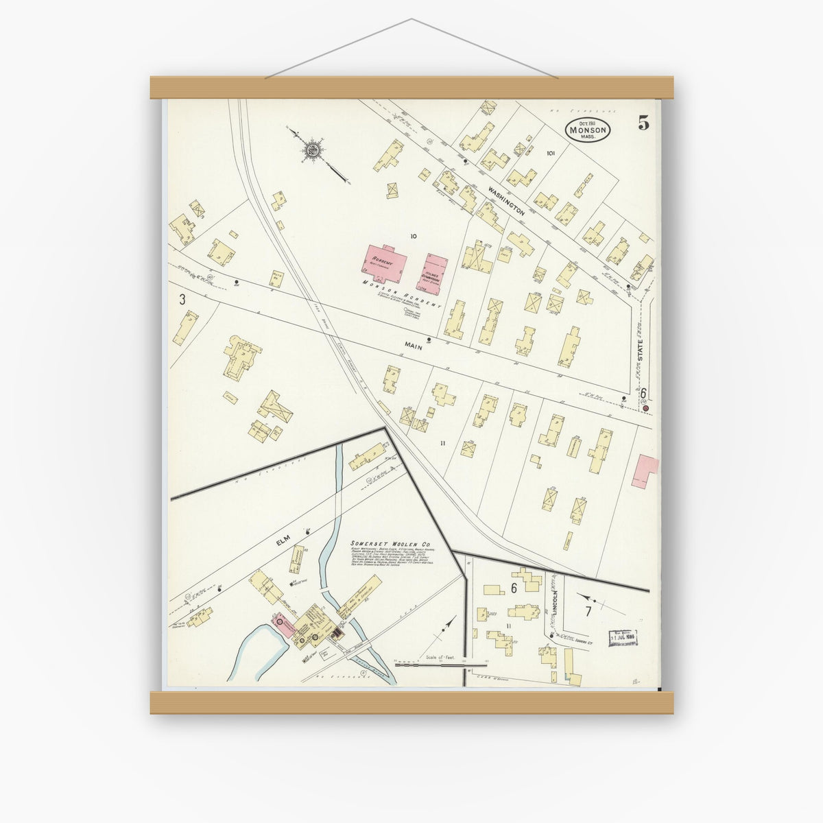 Old map wall art mockup — magnetic wood frame on white wall — Sanborn Fire Insurance Map from Monson, Hampden County, Massachusetts (1911), Sheet #0005