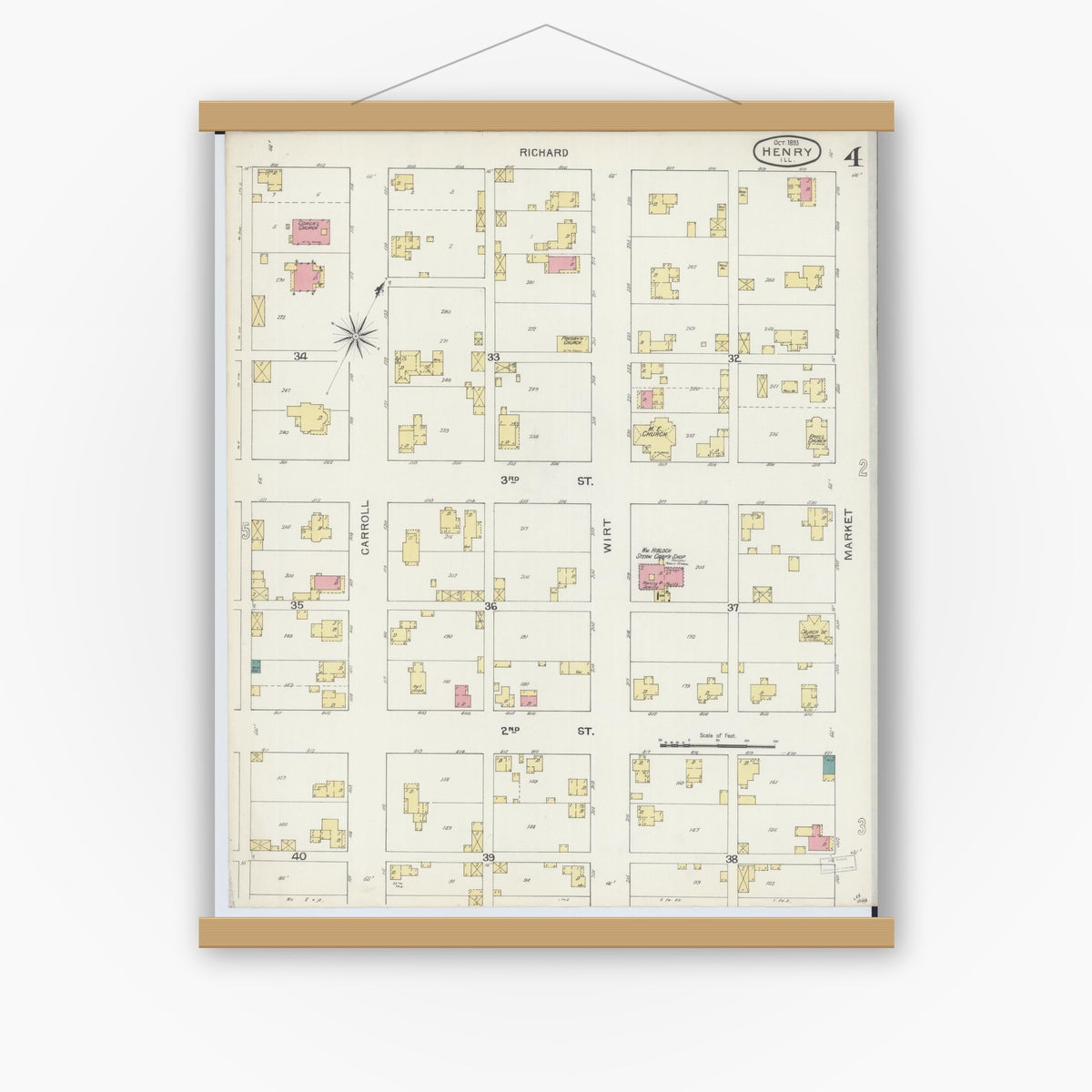 Old map wall art mockup — magnetic wood frame on white wall — Sanborn Fire Insurance Map from Henry, Marshall County, Illinois (1893), Sheet #0004