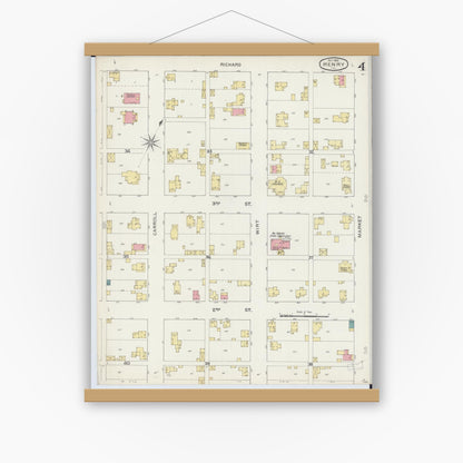Old map wall art mockup — magnetic wood frame on white wall — Sanborn Fire Insurance Map from Henry, Marshall County, Illinois (1893), Sheet #0004
