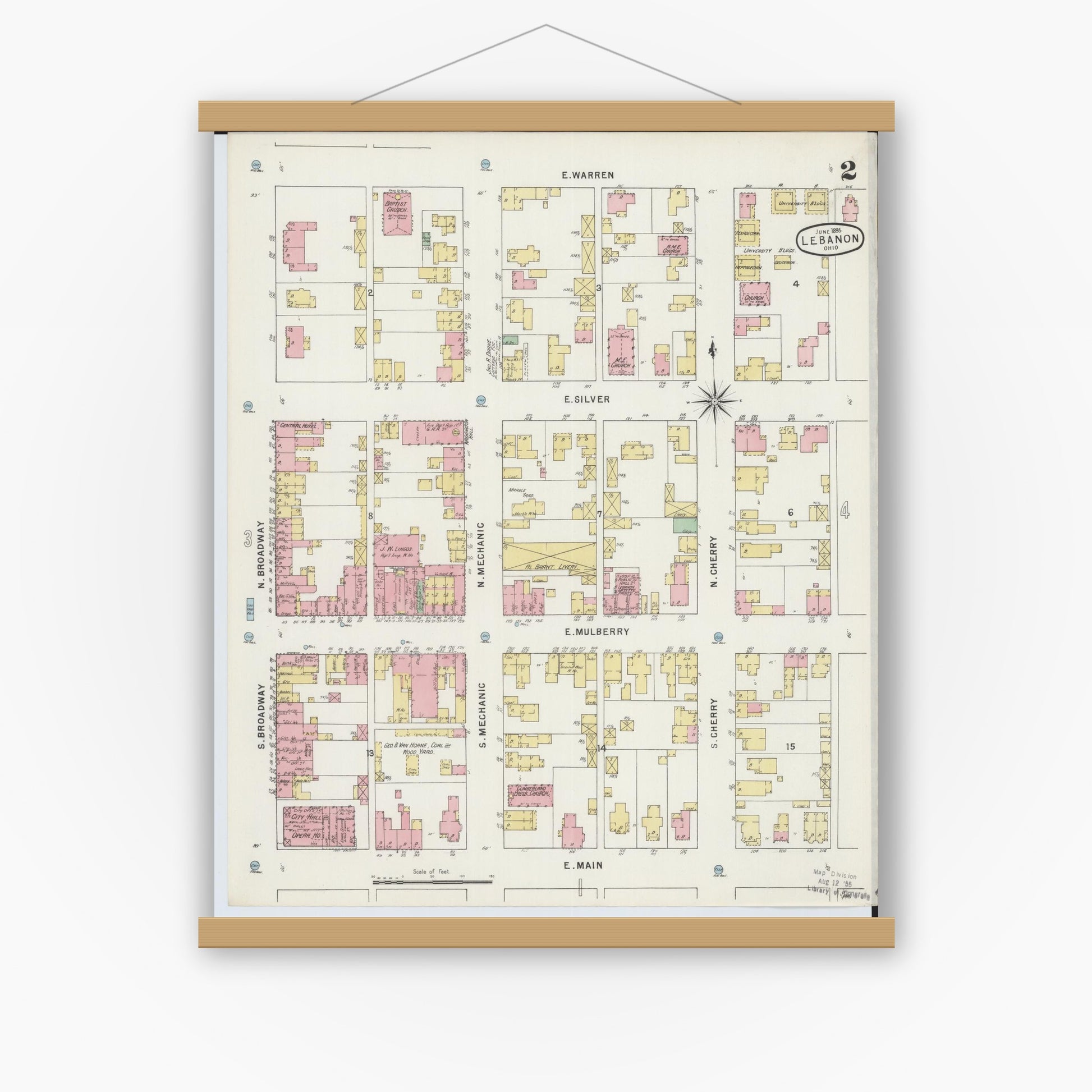 Old map wall art mockup — magnetic wood frame on white wall — Sanborn Fire Insurance Map from Lebanon, Warren County, Ohio (1895), Sheet #0002