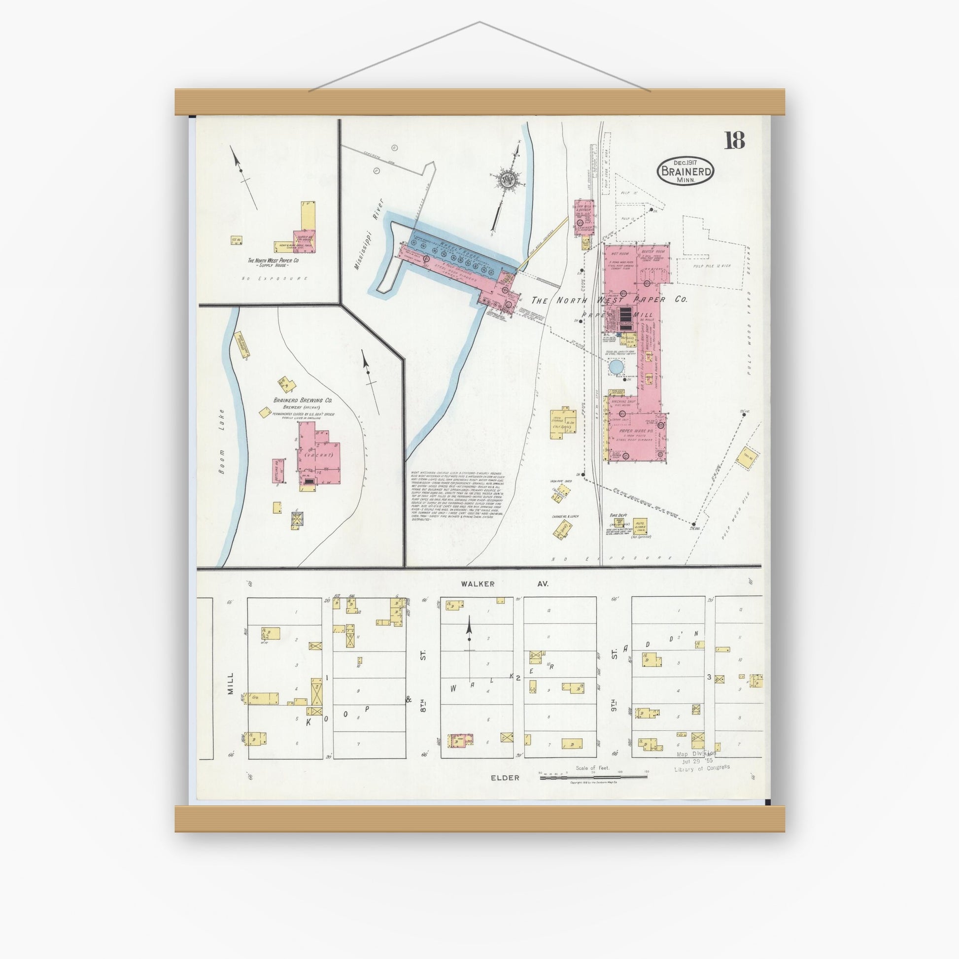 Old map wall art mockup — magnetic wood frame on white wall — Sanborn Fire Insurance Map from Brainerd, Crow Wing County, Minnesota (1917), Sheet #0018