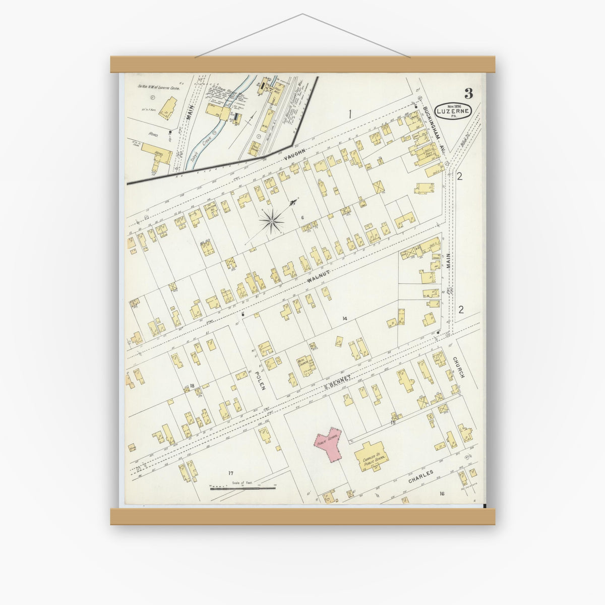 Old map wall art mockup — magnetic wood frame on white wall — Sanborn Fire Insurance Map from Luzerne, Luzerne County, Pennsylvania (1896), Sheet #0003