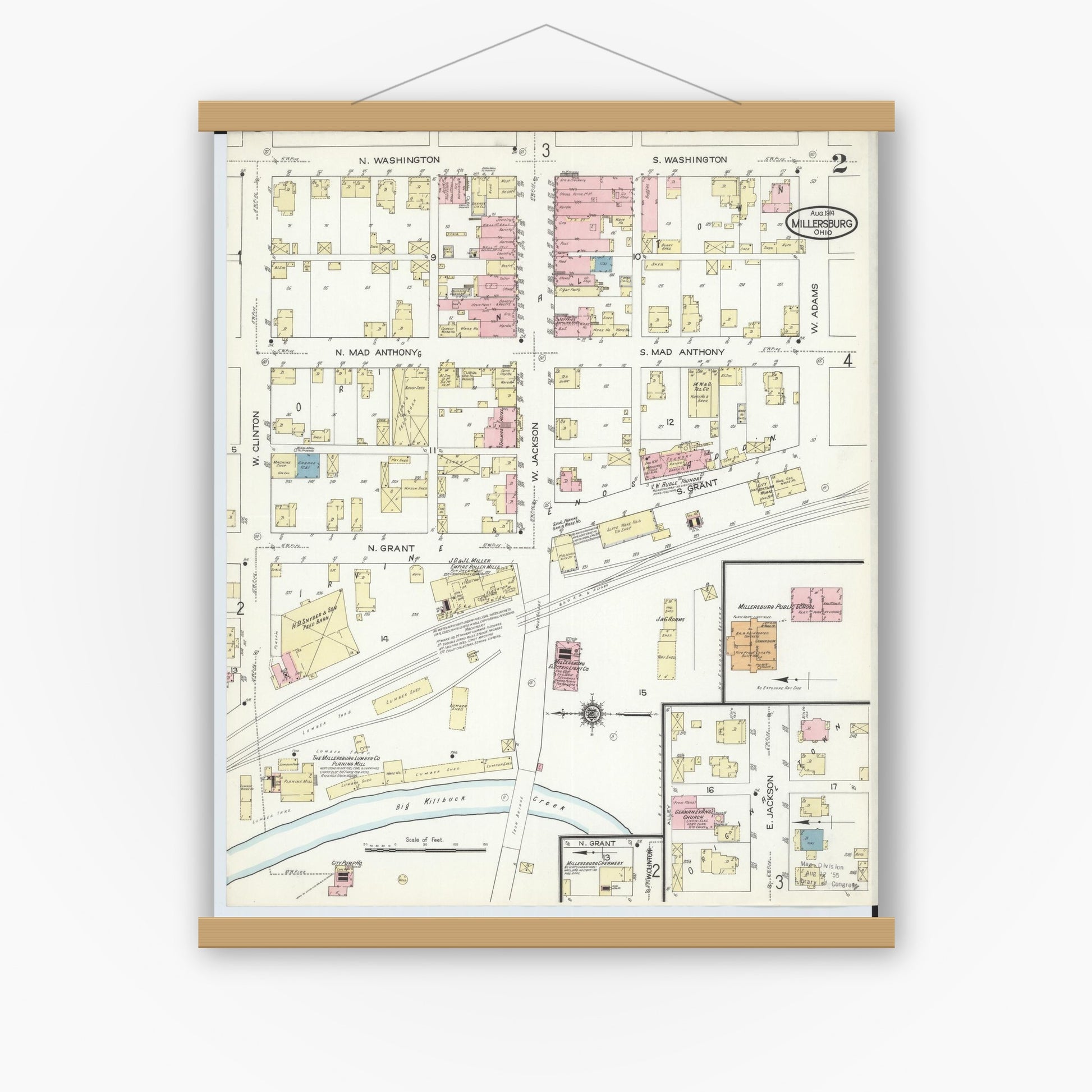 Old map wall art mockup — magnetic wood frame on white wall — Sanborn Fire Insurance Map from Millersburg, Holmes County, Ohio (1914), Sheet #0002