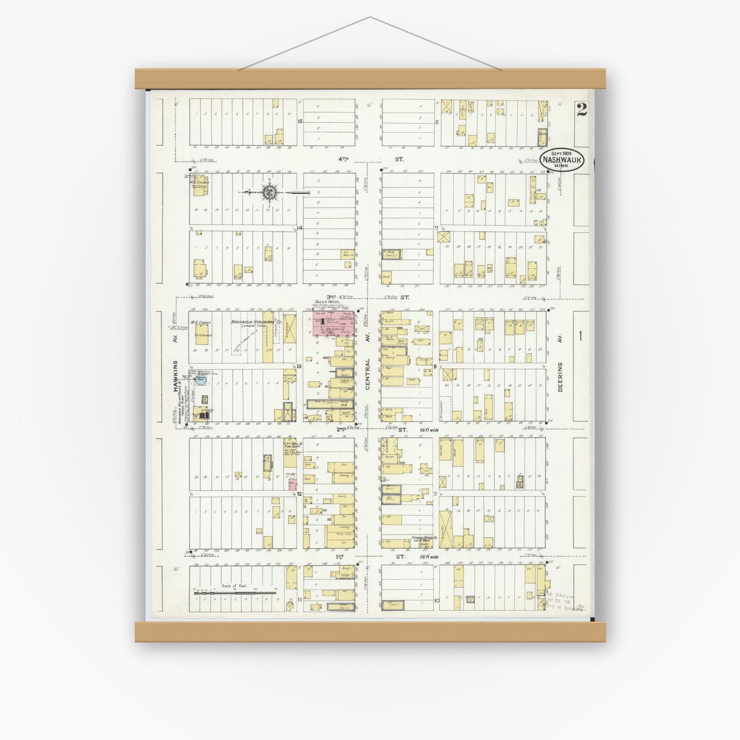 Old map wall art mockup — magnetic wood frame on white wall — Sanborn Fire Insurance Map from Nashwauk, Itasca County, Minnesota (1909), Sheet #0002