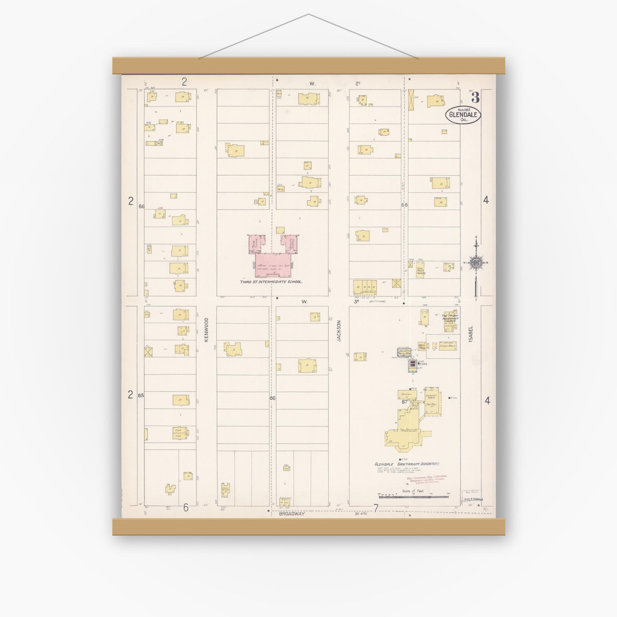 Old map wall art mockup — magnetic wood frame on white wall — Sanborn Fire Insurance Map from Glendale, Los Angeles County, California (1912), Sheet #0003