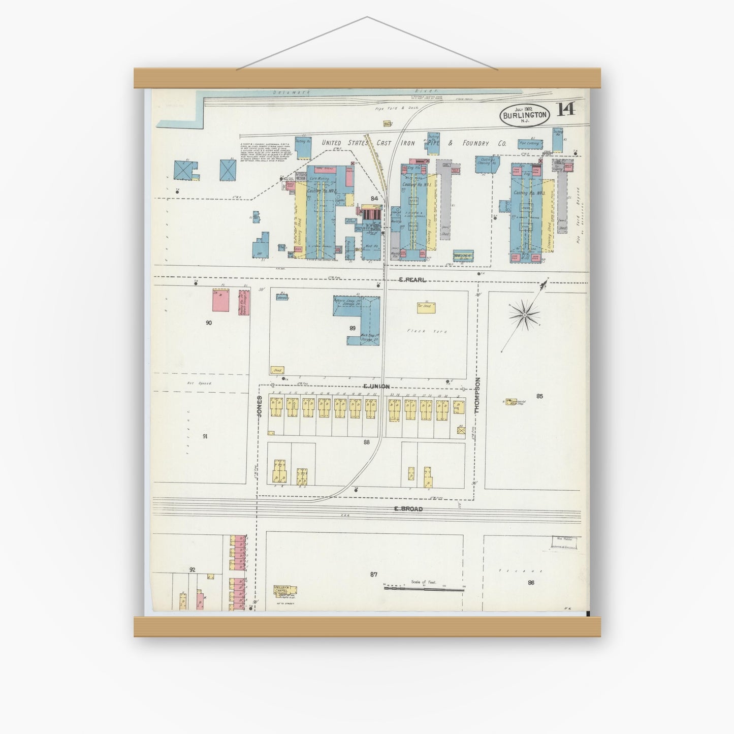 Old map wall art mockup — magnetic wood frame on white wall — Sanborn Fire Insurance Map from Burlington, Burlington County, New Jersey (1902), Sheet #0014