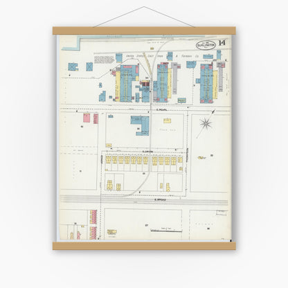 Old map wall art mockup — magnetic wood frame on white wall — Sanborn Fire Insurance Map from Burlington, Burlington County, New Jersey (1902), Sheet #0014
