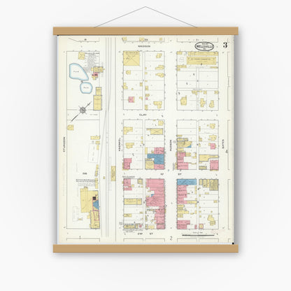 Old map wall art mockup — magnetic wood frame on white wall — Sanborn Fire Insurance Map from Wellsville, Montgomery County, Missouri (1917), Sheet #0003