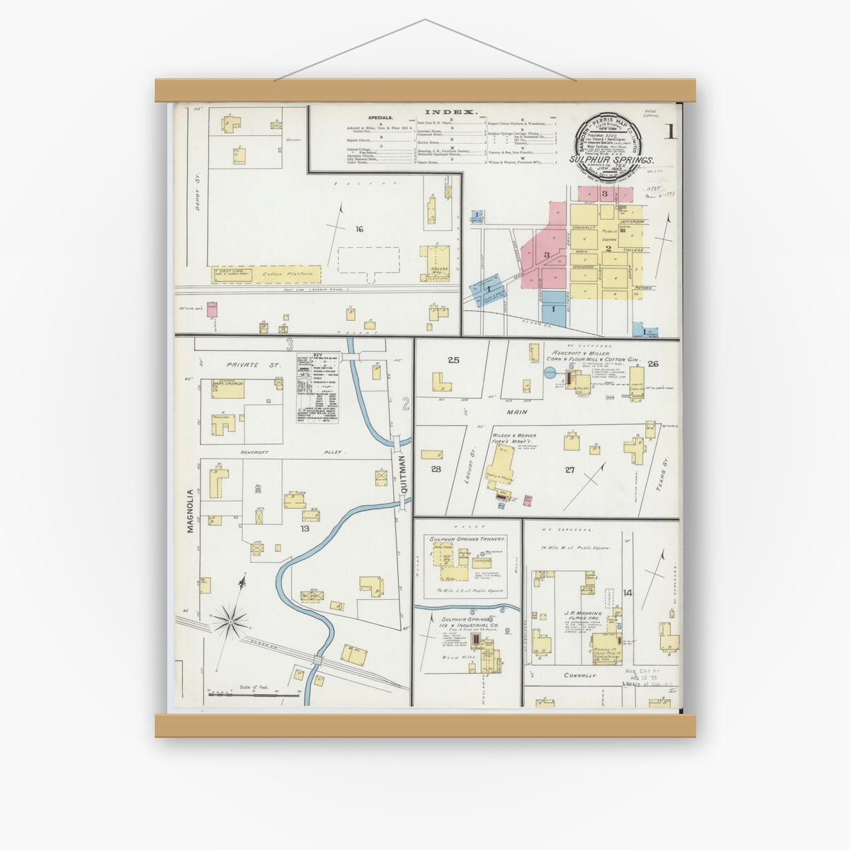Old map wall art mockup — magnetic wood frame on white wall — Sanborn Fire Insurance Map from Sulphur Springs, Hopkins County, Texas (1893), Sheet #0001