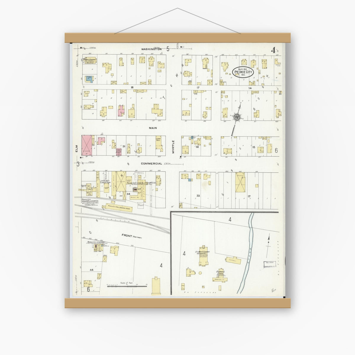 Old map wall art mockup — magnetic wood frame on white wall — Sanborn Fire Insurance Map from Pierce City, Lawrence County, Missouri (1910), Sheet #0004