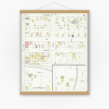 Old map wall art mockup — magnetic wood frame on white wall — Sanborn Fire Insurance Map from Pierce City, Lawrence County, Missouri (1910), Sheet #0004