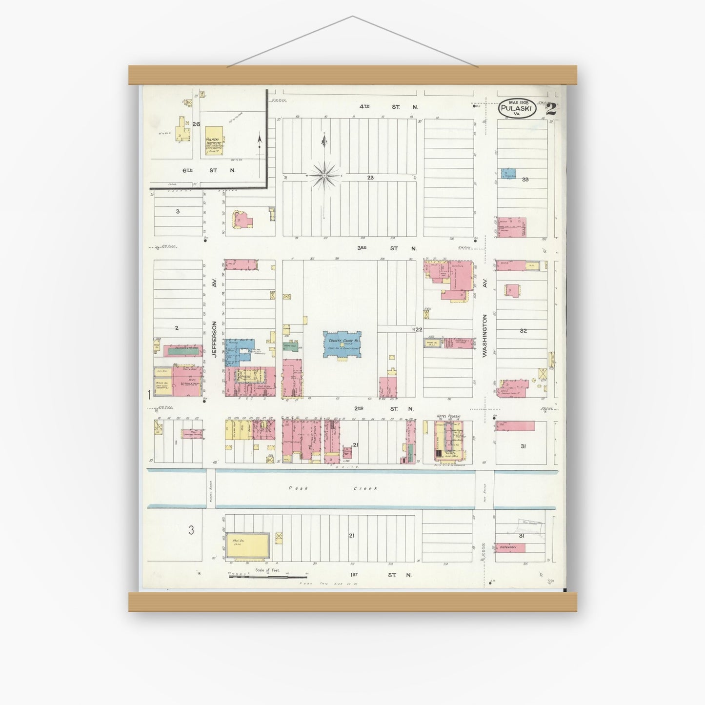 Old map wall art mockup — magnetic wood frame on white wall — Sanborn Fire Insurance Map from Pulaski, Pulaski County, Virginia (1908), Sheet #0002