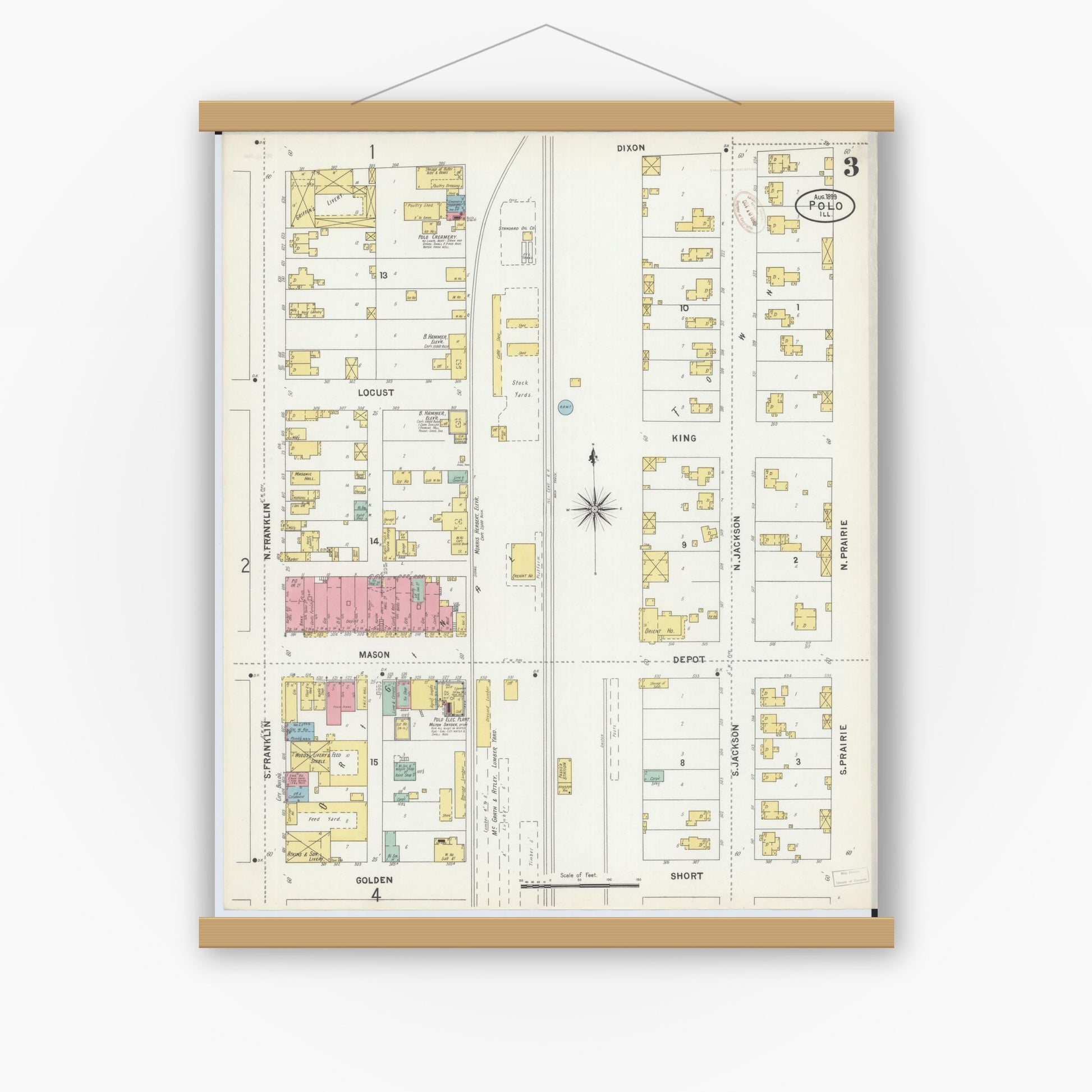 Old map wall art mockup — magnetic wood frame on white wall — Sanborn Fire Insurance Map from Polo, Ogle County, Illinois (1899), Sheet #0003