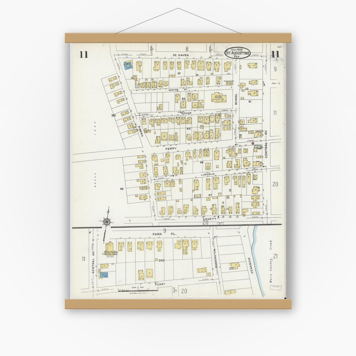 Old map wall art mockup — magnetic wood frame on white wall — Sanborn Fire Insurance Map from Saint Augustine, Saint John's County, Florida (1924), Sheet #0011