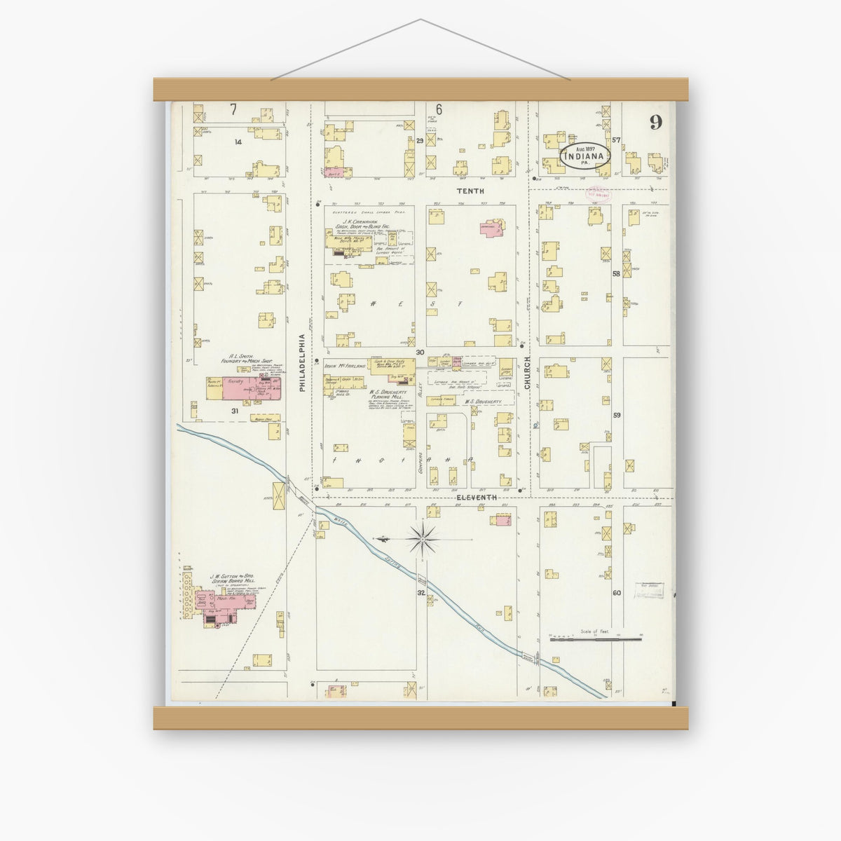 Old map wall art mockup — magnetic wood frame on white wall — Sanborn Fire Insurance Map from Indiana, Indiana County, Pennsylvania (1888), Sheet #0009