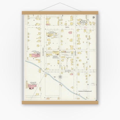 Old map wall art mockup — magnetic wood frame on white wall — Sanborn Fire Insurance Map from Indiana, Indiana County, Pennsylvania (1888), Sheet #0009